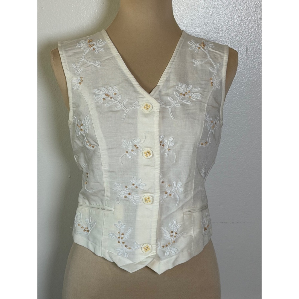 women's linen blend embroidered vest cottagecore romantic Large bohemian fall